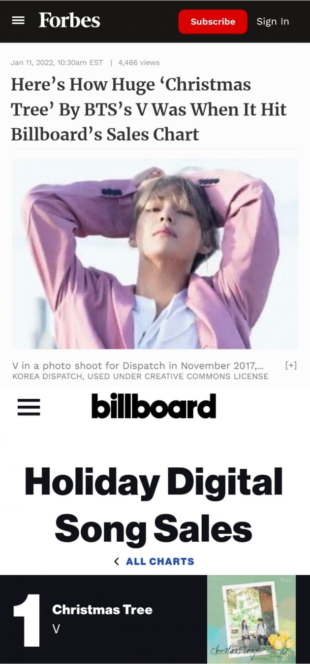 BTS 뷔, 美포브스 "Christmas Tree 대적할 수 없는 인기"