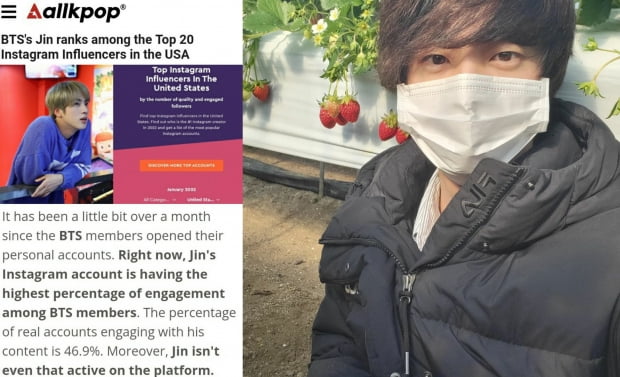 방탄소년단 진, "딸기 밭에 간 이유는?" ..美 인스타그램 인플루언서 TOP20