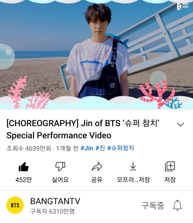 방탄소년단 진, '슈퍼 참치' 유튜브와 틱톡에서도 '고공행진'