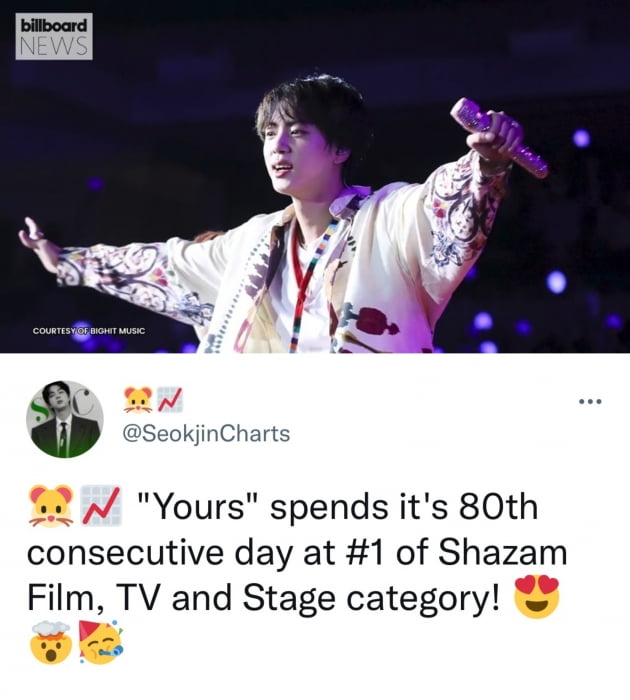 방탄소년단 진 'Yours' 빌보드 핫 트렌딩에서 11주동안 ‘라따따따’