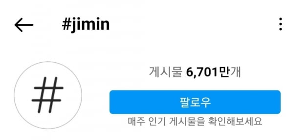'새해도 인스타그램 인물 1위' 방탄소년단 지민 'JIMIN' 해시태그 세계 1위 신기록 경신 6700만 돌파
