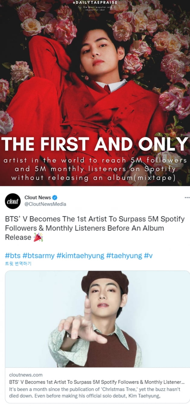 BTS 뷔, 앨범 없이 스포이파이 팔로워&리스너 5백만 돌파 '전인미답의 기록'