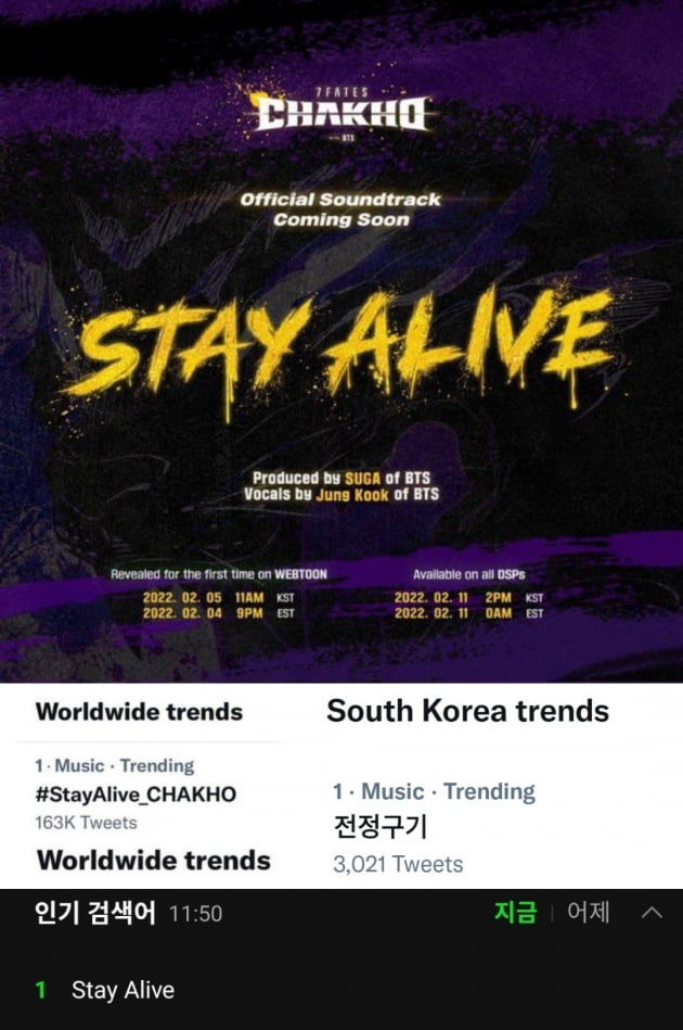 방탄소년단 정국 부른 OST 'Stay Alive' 멜론 인기 검색 1위→전세계+한국 실트 1위
