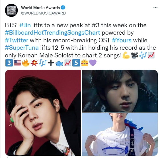 방탄소년단 진, '유어스' '슈퍼참치' 美 빌보드 핫 트렌딩 주간차트 TOP5…솔로 최초·유일 '기록'