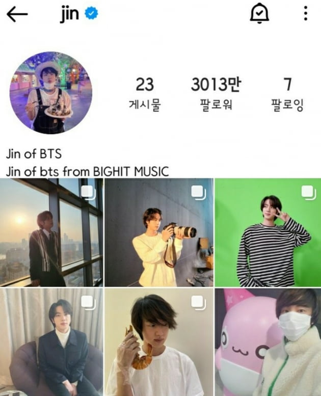 방탄소년단 진, '메가 인플루언서'되다..팔로워 3013만 돌파
