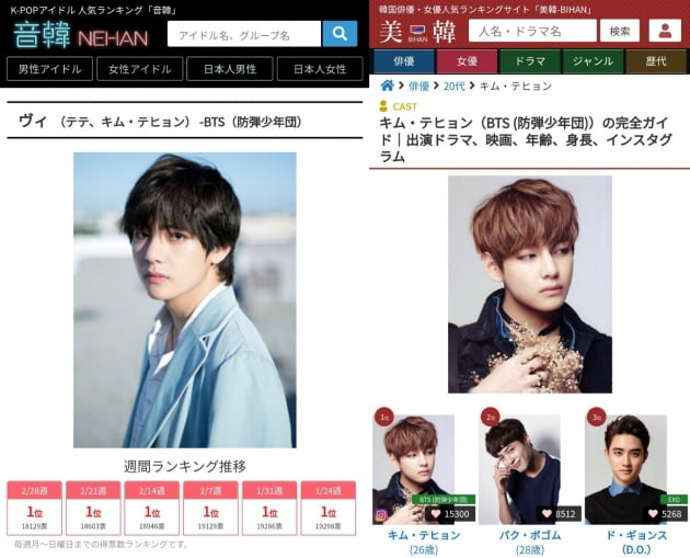 방탄소년단 뷔, 日'네한' K팝 男아이돌랭킹 49주 연속 1위