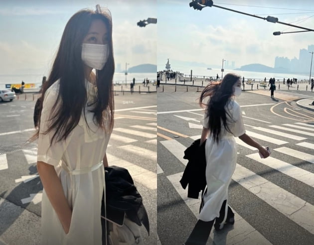 티아라 효민, 바다보며 힐리중...우아한 화이트[TEN★]