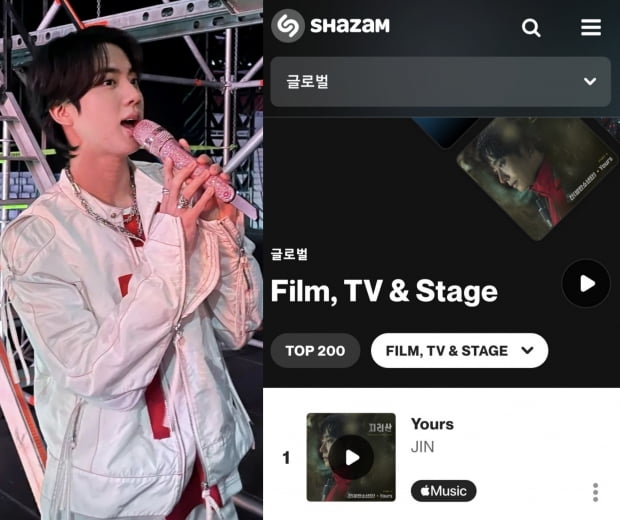 방탄소년단 진, ‘Yours’ 일본 샤잠 TOP 200 1위 재등극. ‘슈퍼 참치’까지 2곡 TOP10 차트인