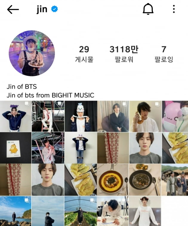방탄소년단 진, 인스타그램 3100만 팔로워 돌파..SNS 장악한 메가 인플루언서