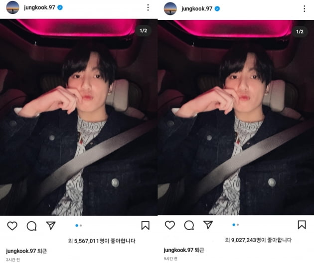 방탄소년단 정국, 퇴근길 막 찍어도 잘생김 폭발→9시간만 900만 '좋아요'