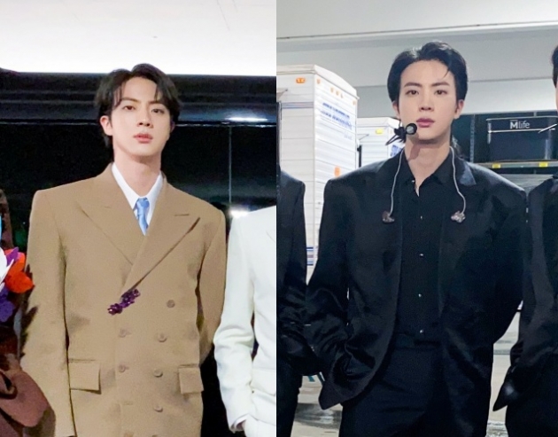 방탄소년단 진, ‘라이트 브라운 슈트 가이’로 그래미 레드카펫 화려하게 장식