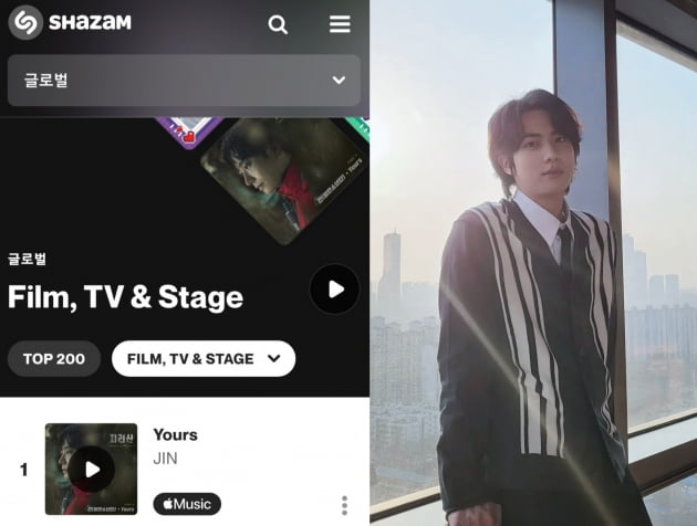 방탄소년단 진 'Yours', 샤잠 60만+글로벌 'TOP 200' Film TV&Stage 151일 연속 1위