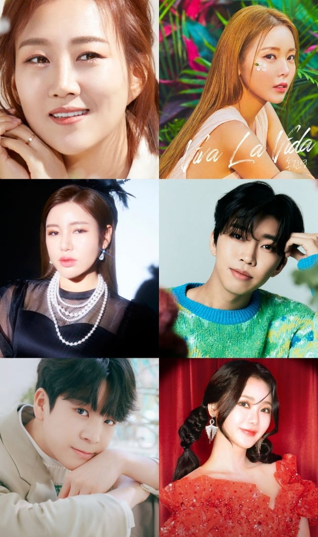 트로트 가수 장윤정, 홍진영, 송가인, 임영웅, 정동원, 홍지윤. / 사진제공=각 소속사