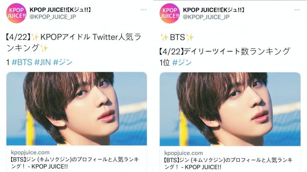 방탄소년단 진, 日 케이팝 주스 인기랭킹 데일리 1위 '특급 인기'