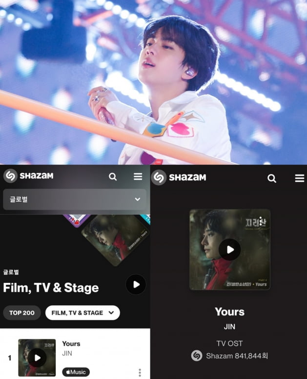 방탄소년단 진, ‘Yours’ 샤잠 점령. ‘글로벌 TOP 200’차트 K팝 솔로곡 최고 기록 경신, ‘일본 TOP 200’차트 50일의 1위