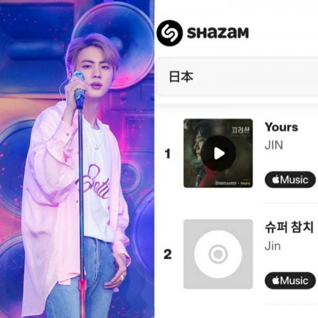 방탄소년단 진, 샤잠 ‘일본 TOP200’ 차트에서 Yours 1위, 슈퍼참치 2위 나란히 정상