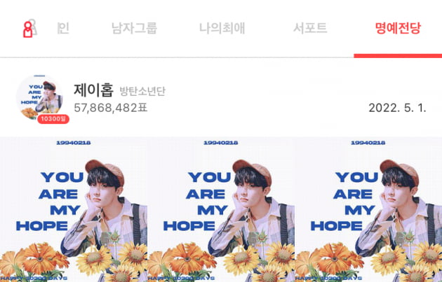 방탄소년단 제이홉, '최애돌' 투표수 1위... 기부요정 등극