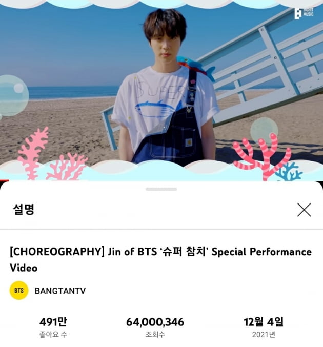 방탄소년단 진 자작곡 '슈퍼참치, 글로벌 슈퍼 파워' 유튜브 조회수 ‘6400만뷰’