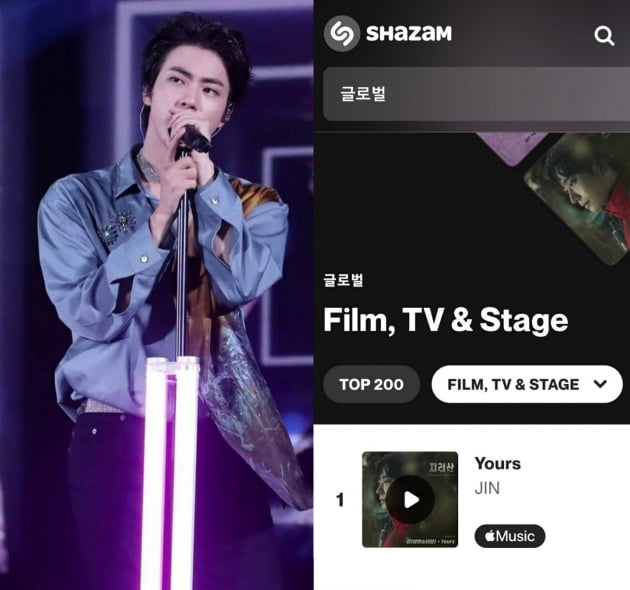 방탄소년단 진, 'Yours' 샤잠 '글로벌 TOP 200' 차트에서 역대 한국 솔로아티스트 최고 순위 타이기록