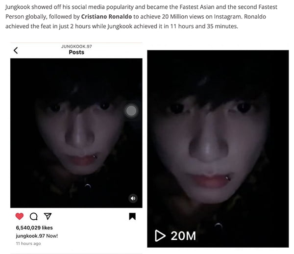 방탄소년단 정국, 인스타그램 영상 亞 최단 2000만 조회수 신기록… 호날두 이어 전 세계 2위