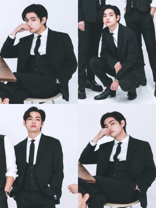 방탄소년단 뷔, BTS 가족사진 빛낸 환상적 미모와 완벽 수트핏...화보천재 위엄