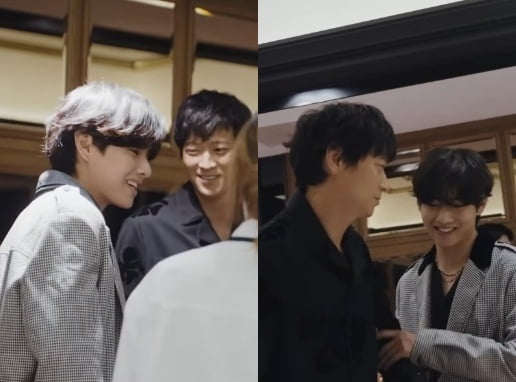방탄소년단 뷔, 강동원과 브로맨스 '브로커' 무대인사 비하인드.. 고레에다 감독 "소개받고 사진찍어"