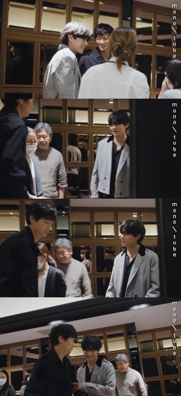 방탄소년단 뷔, 강동원과 브로맨스 '브로커' 무대인사 비하인드.. 고레에다 감독 "소개받고 사진찍어"