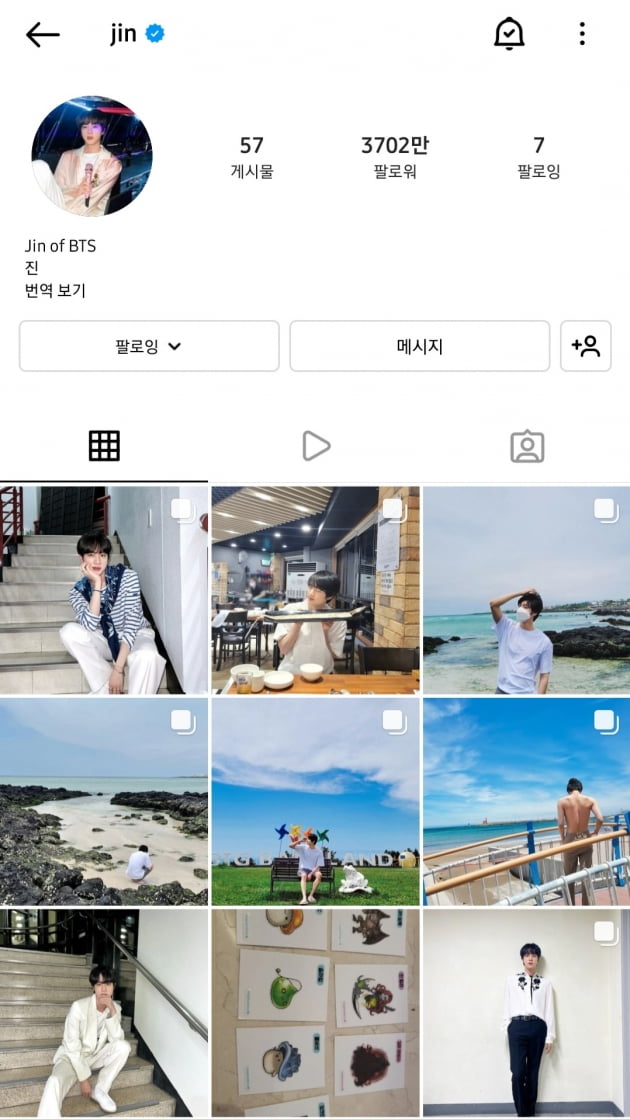 방탄소년단 진, 인스타 팔로워 3700만 돌파! '비주얼 맛집'