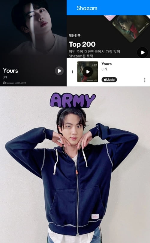 'Yours' 방탄소년단 진, 일본 샤잠 TOP 200 연속 100일째 1위
