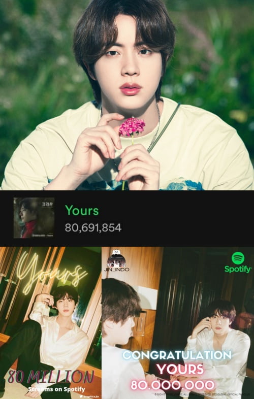 방탄소년단 진, 은빛 슈퍼 파워 Yours ... 스포티파이 8000만 조회 돌파 