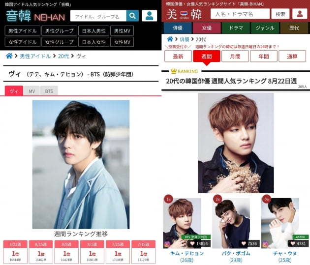 방탄소년단 뷔, 日 K팝 아이돌 인기 투표 74주 연속 1위 대기록