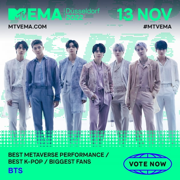 [공식] 방탄소년단, '2022 MTV EMA' 3개 부문 후보…5년 연속 수상 도전