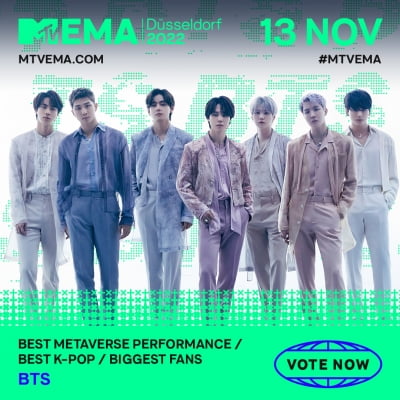 [공식] 방탄소년단, '2022 MTV EMA' 3개 부문 후보…5년 연속 수상 도전