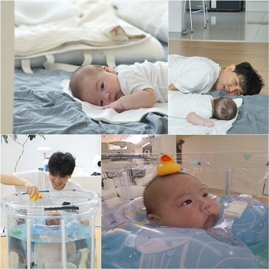 제이쓴 아들 똥별이, 생애 첫 터미타임→풀장 수영까지…치명 볼살 매력 발산