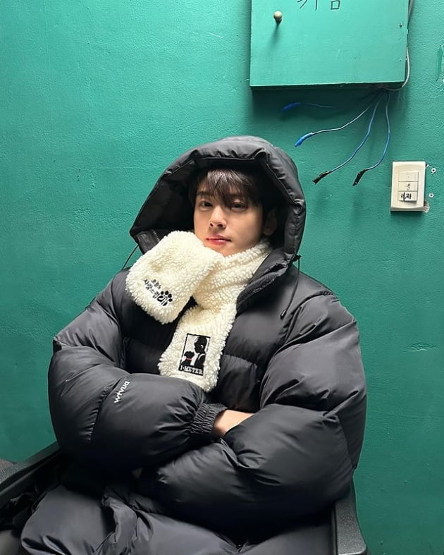 차은우, 패딩 점퍼 뒤집어써도 사랑스러운 얼굴 천재