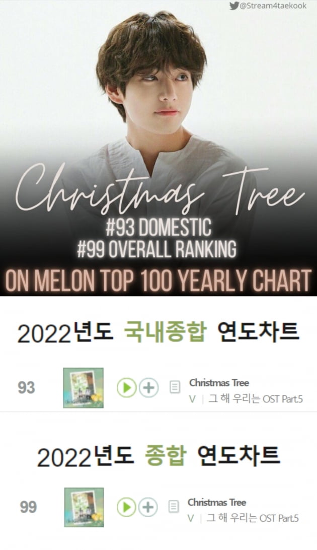 방탄소년단 뷔, 2022 멜론 연간 TOP100 차트인..'강력한 음원파워'