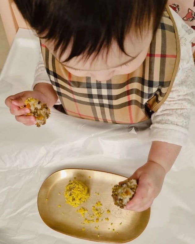 '의사♥' 이정현, 명품 B사 턱받이 씌운 딸 공개 "이유식 정체기 극복"