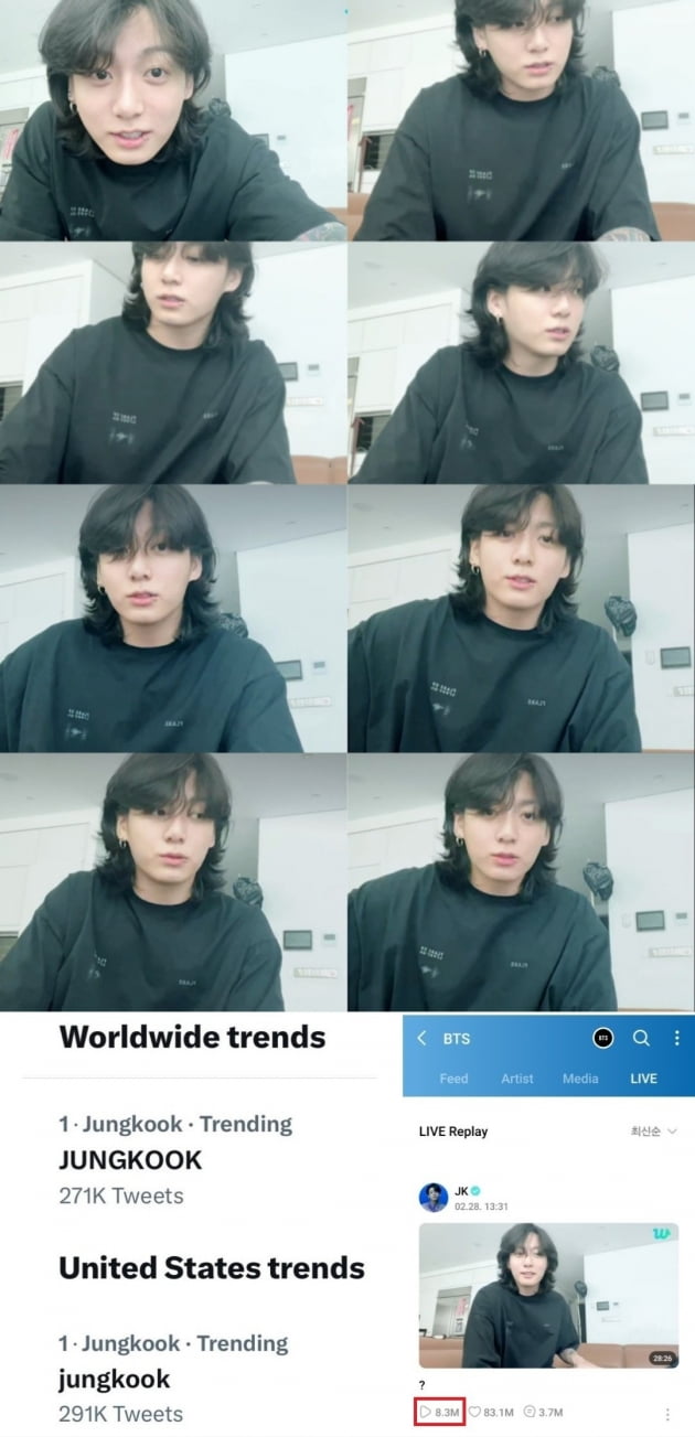 방탄소년단 정국 '감미로운 귀호강 라이브 방송' 누적 시청자 830만명→17분 만에 전세계 실트 1위 '점령'