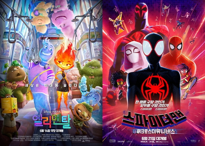 영화 '엘리멘탈', '스파이더맨:어크로스 더 유니버스' 공식 포스터. /사진제공=월트디즈니 컴퍼니 코리아, 소니픽쳐스코리아