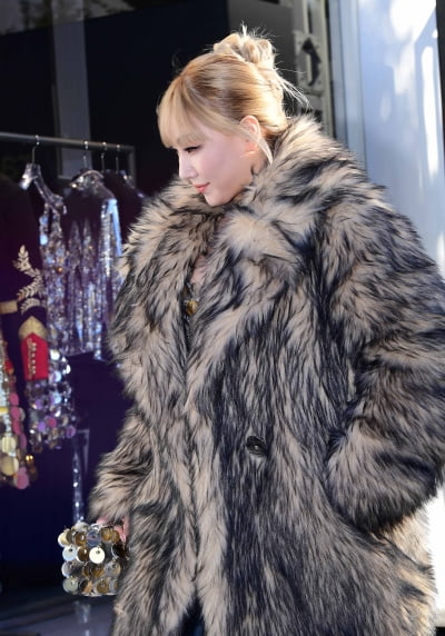 CL, sexy metal dress between fur coats
