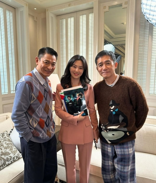 왼쪽부터 유덕화, 강지영, 양조위. /사진=강지영 아나운서 SNS