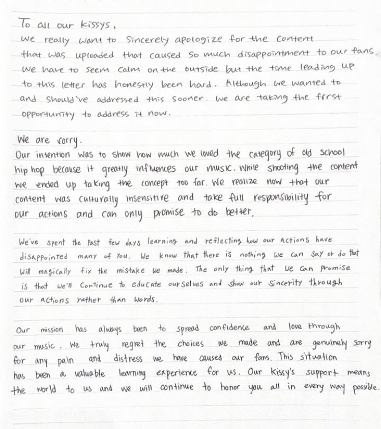 키스오브라이프, 잘나가다 삐끗…영어로 사과문 게재[종합]