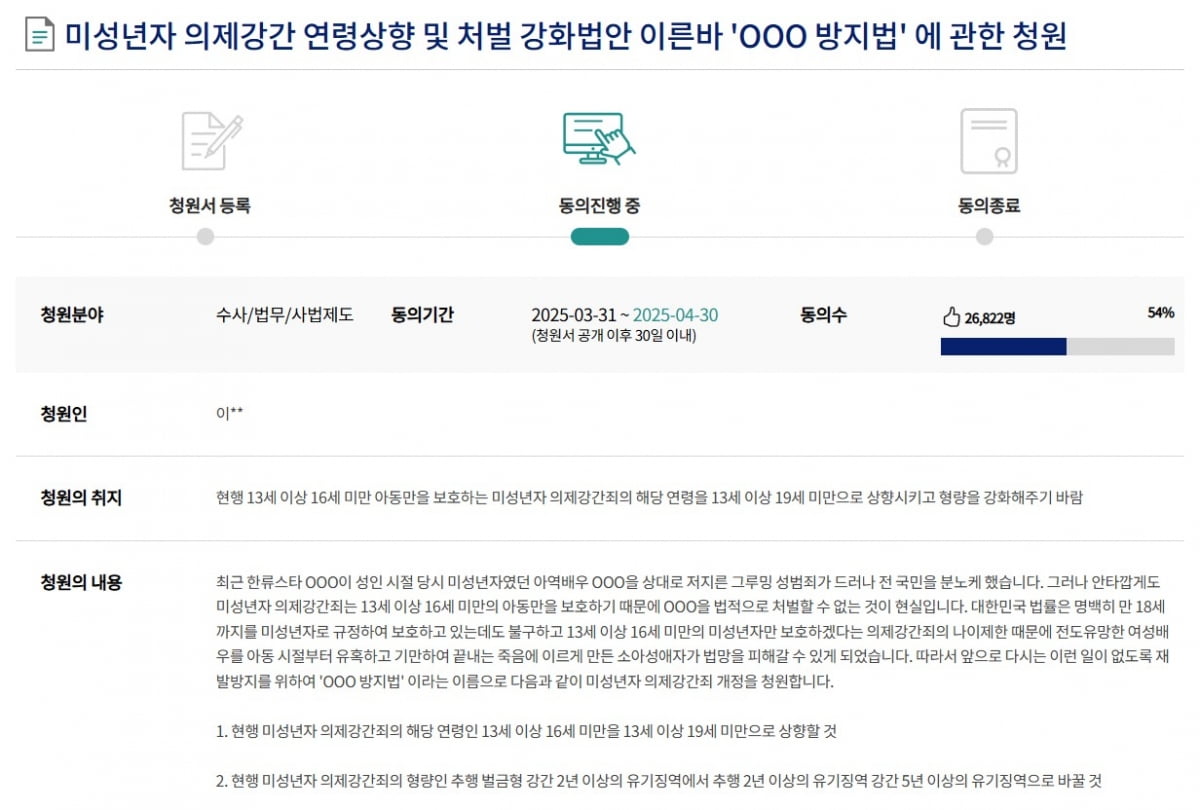 '김수현 방지법' 국회 청원, 하루 만에 동의 50% 채웠다