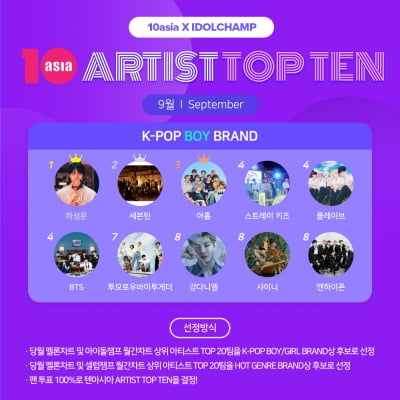 하성운·세븐틴·아홉, 9월 '아티스트탑텐 K-팝 보이 브랜드' 선정