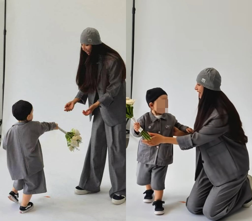 왼쪽은 실제 문가비가 자신의 계정에 올린 아들과의 사진. 얼굴이 공개되지 않았다. 우측은 딥페이크로 구현된 문가비와 그의 아들 / 사진=문가비 SNS, 인스타그램 갈무리