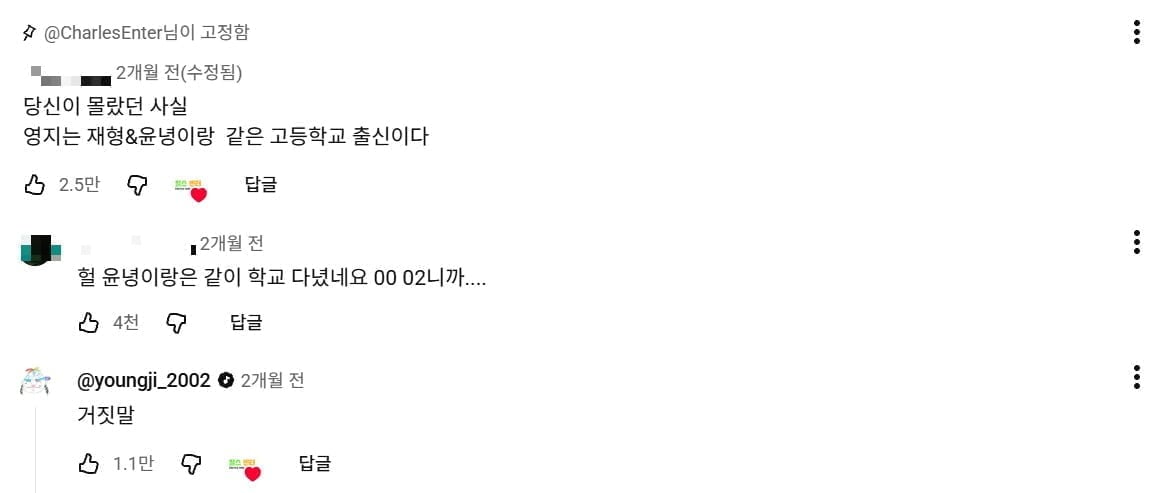 사진='찰스엔터' 유튜브 댓글 캡처