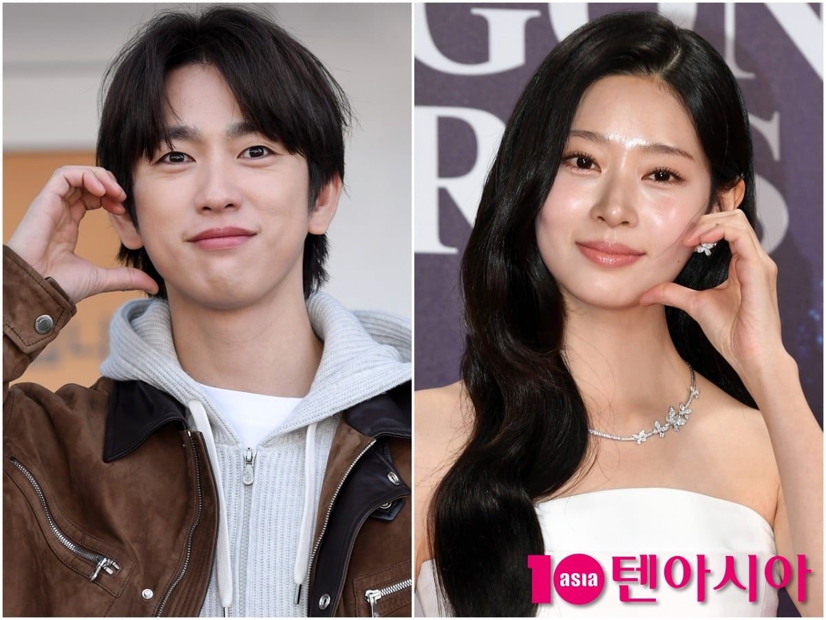 '샤이닝'의 주연 배우 박진영과 김민주가 각 공식 행사에 참석해 하트 포즈를 취했다.사진=텐아시아DB