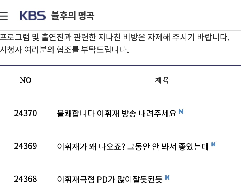'불후의 명곡' 시청자 게시판 / 사진 = '불후의 명곡' 시청자 게시판 캡처