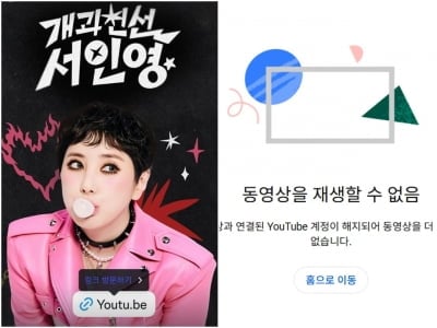 '개과천선' 알린 서인영, 유튜브 채널 송출 중단됐다…"동영상 재생할 수 없음"