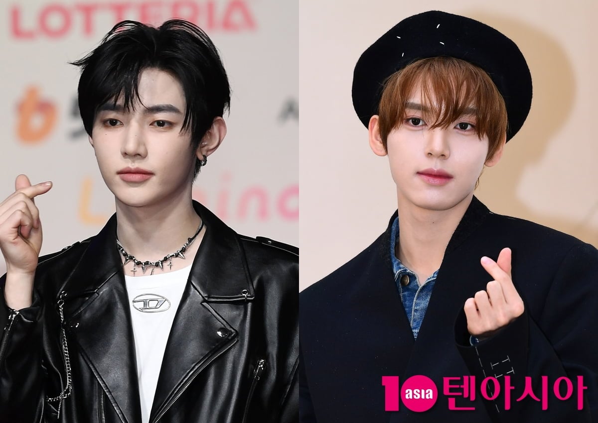 장하오와 한유진이 손가락 하트 포즈를 취하고 있다./ 사진=텐아시아 DB